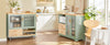 Vista frontal aparador verde SoBuy FSB81-GR puertas vidrio cajones compartimento microondas encimera madera caucho