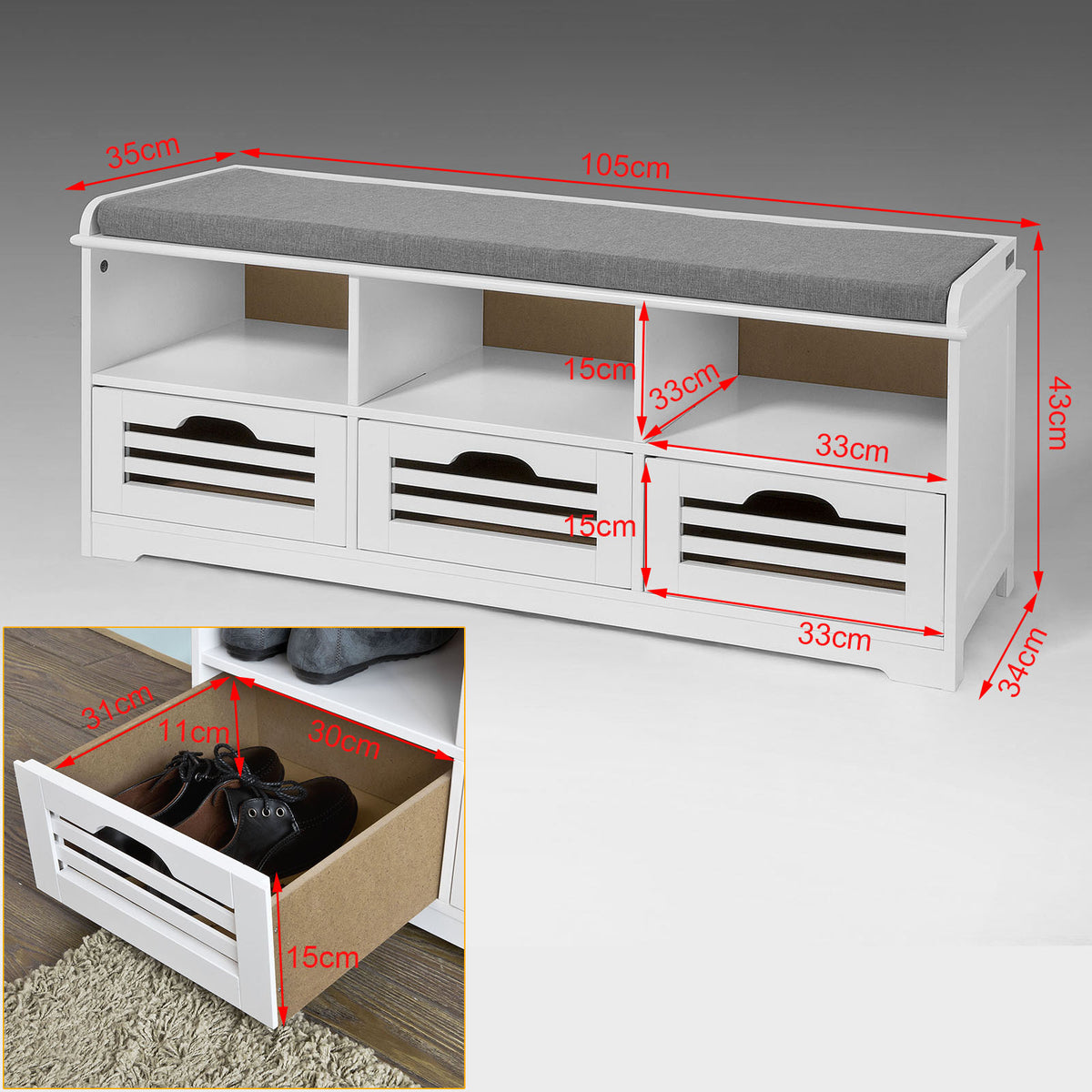 Moderna estantería de Pared, Perchero, Estante de Pared,con 5 Ganchos y 3  cajones,L100 cm FRG282-W SoBuy ES