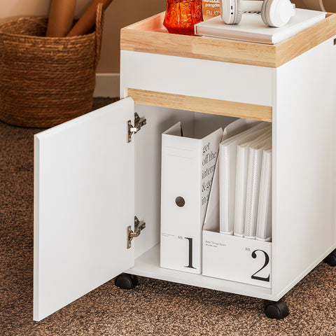 SoBuy ASK03-W Mesa Auxiliar con 1 Puerta y 1 Bandeja Armario con 4 Ruedas Blanco 40 x 40 x 63 cm