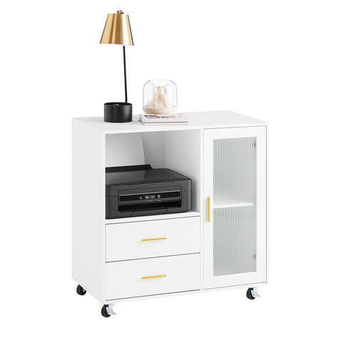 SoBuy ASK09-W Soporte para Impresora con Ruedas con 2 cajones 1 Puerta de Vidrio 75 x 40 x 76 cm