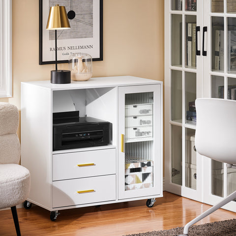 SoBuy ASK09-W Soporte para Impresora con Ruedas con 2 cajones 1 Puerta de Vidrio 75 x 40 x 76 cm