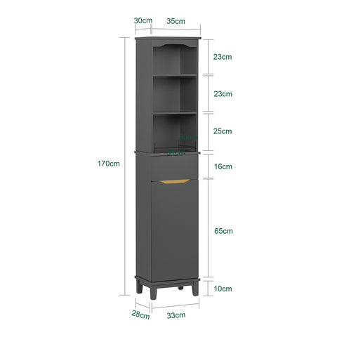 SoBuy BZR112-DG Armario Alto para Baño Columna de Baño Estanterías de Baño con 3 Estantes 1 Puerta y 1 Cajón