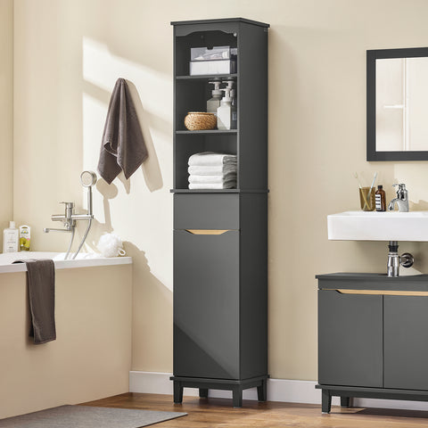 SoBuy BZR112-DG Armario Alto para Baño Columna de Baño Estanterías de Baño con 3 Estantes 1 Puerta y 1 Cajón