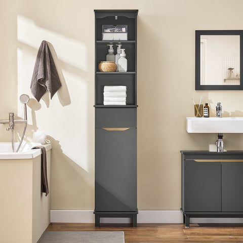 SoBuy BZR112-DG Armario Alto para Baño Columna de Baño Estanterías de Baño con 3 Estantes 1 Puerta y 1 Cajón