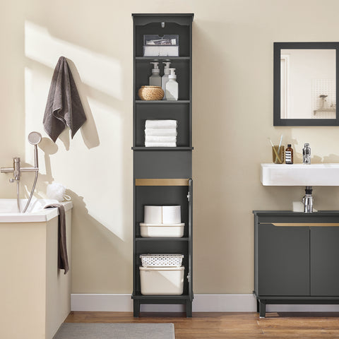 SoBuy BZR112-DG Armario Alto para Baño Columna de Baño Estanterías de Baño con 3 Estantes 1 Puerta y 1 Cajón