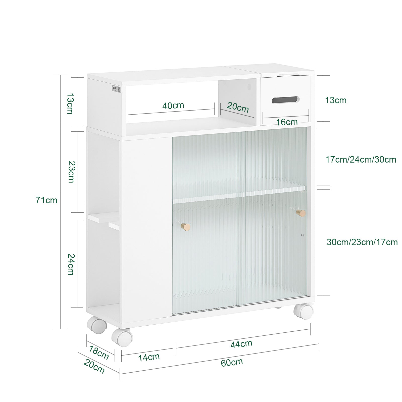 Armario De Baño Estrecho - 60x20x71cm, Blanco, Con Ruedas