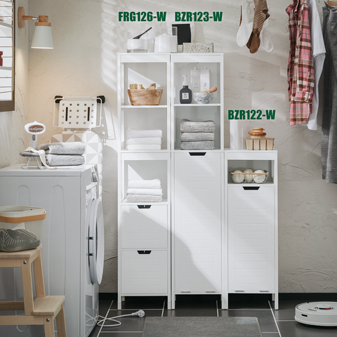Armário de coluna para banheiro SoBuy BZR123-W com 1 cesto para roupas sujas e 2 prateleiras