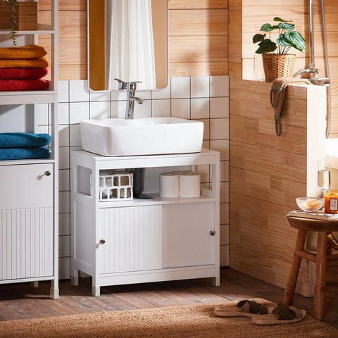 SoBuy BZR185-W Mueble para Debajo del Lavabo con 2 Puertas y 1 Estante Abierto Blanco
