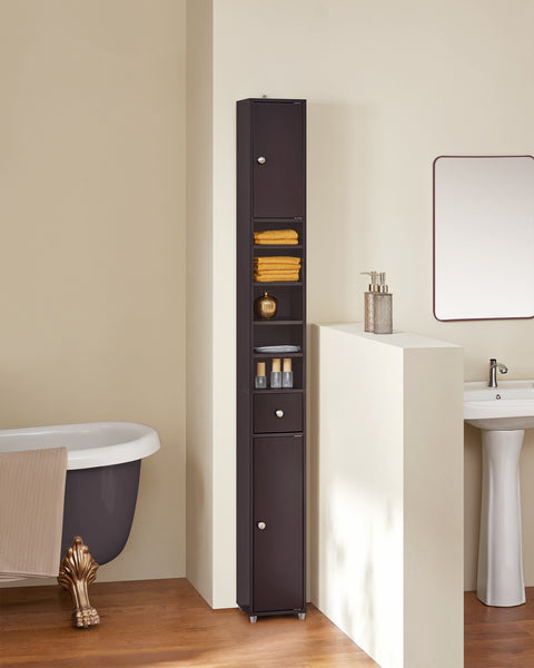 Preventa-SoBuy BZR34-BR Mueble Columna de Baño con 5 Estantes Abiertos 2 Puertas y 1 Cajón