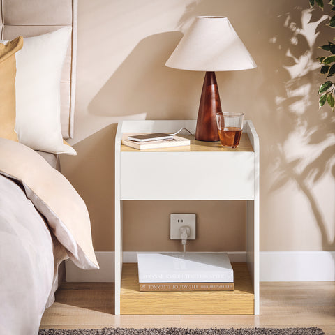SoBuy FBT128-WN Mesita de Noche Mesa Auxiliar con 1 cajón Blanco y Madera