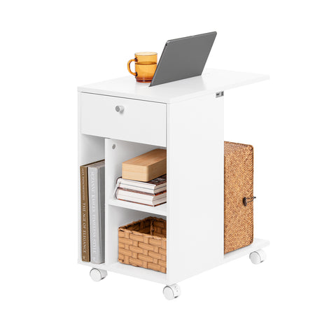 SoBuy FBT148-W Mesa Auxiliar con 3 Estantes y 1 Cajón Mesa de Centro con ruedas Blanco