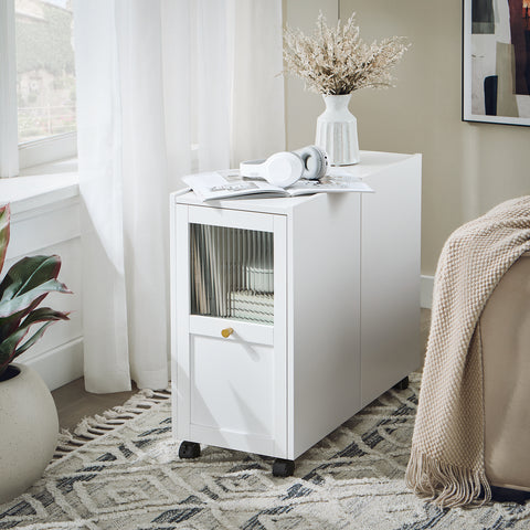 SoBuy FBT150-W Mesa auxiliar con 1 Cajón y 2 Puertas Blanco 70 x 31 x 60 cm