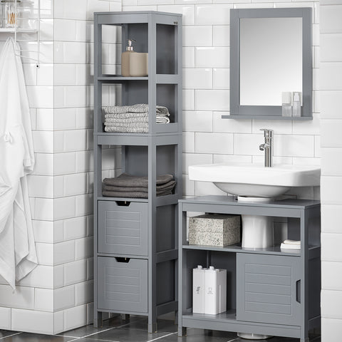 SoBuy FRG126-SG Armário de banheiro alto com 3 prateleiras e 2 gavetas cinza