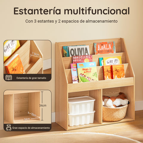 Preventa-SoBuy KMB01-N Librería para Niños con 3 Estanterías y 2 Compartimentos color Natural