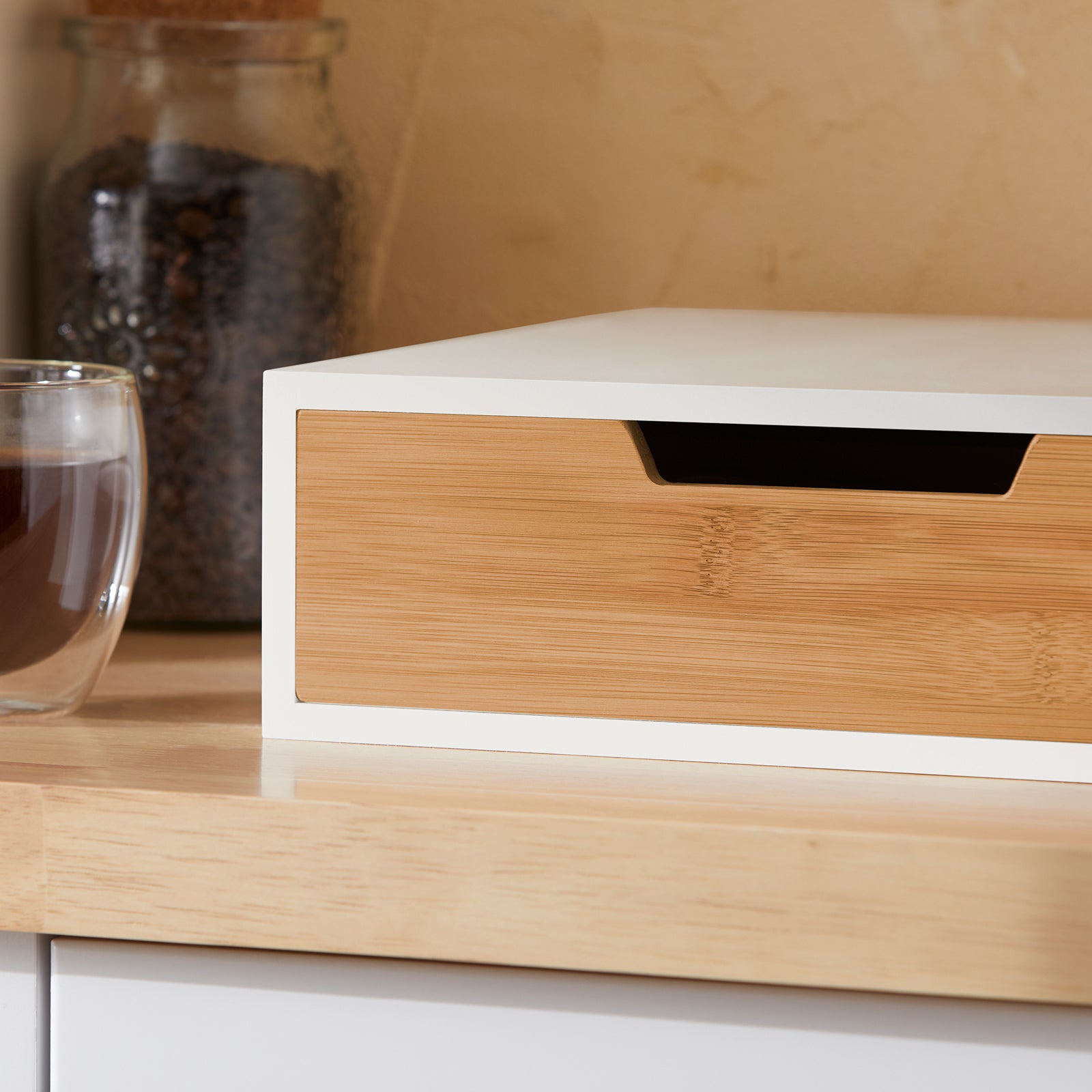 SoBuy Boîte Avec Tiroir Bambou Pour Capsules Café Et Écran - Organiseur FRG179-WN Blanc