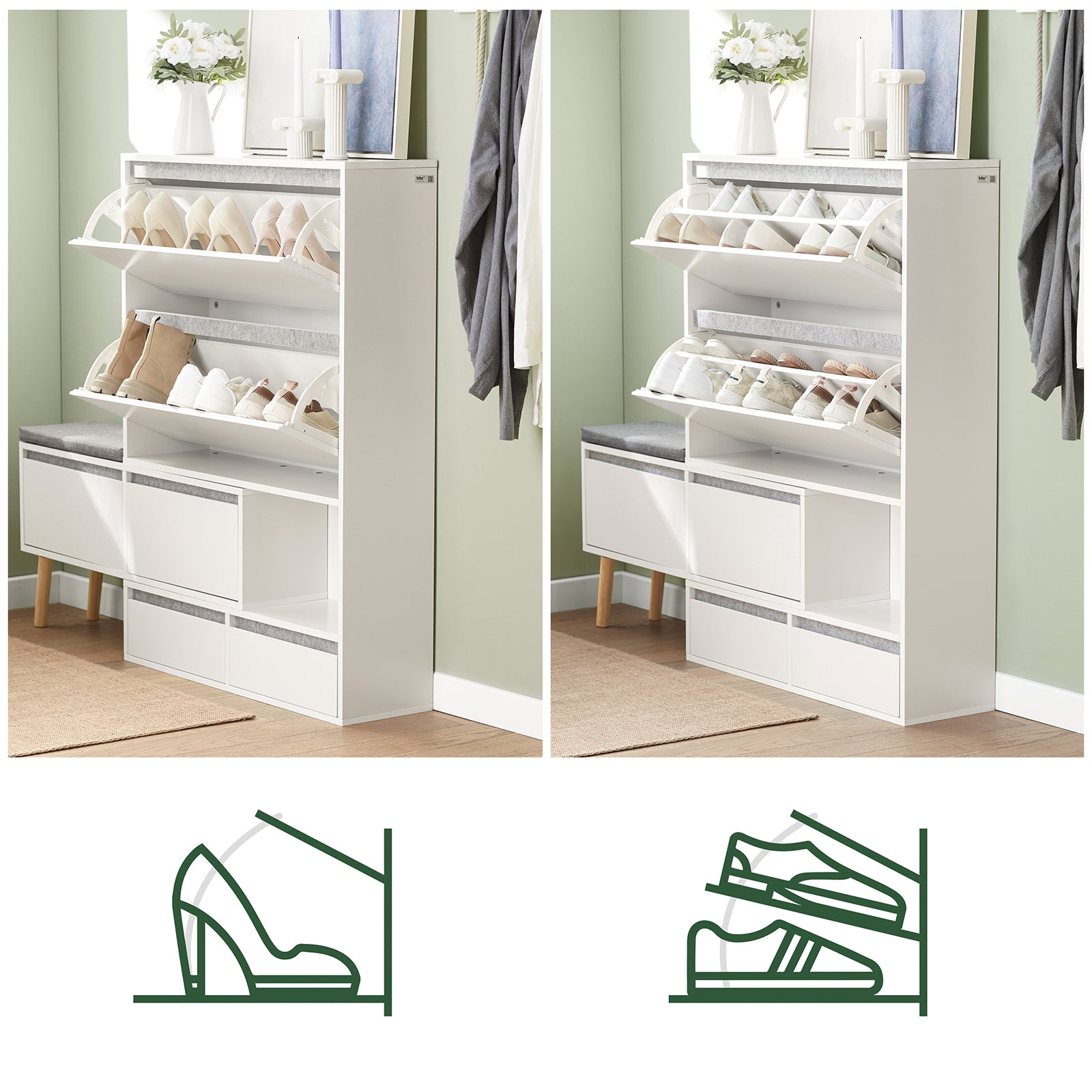 SoBuy FSR134W Banco Zapatero con 2 Solapas, 2 cajones y Banco móvil